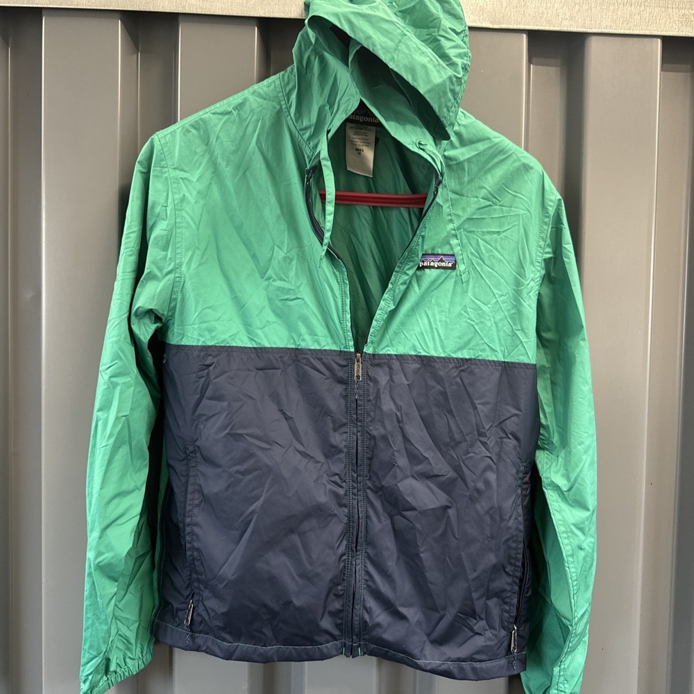 Patagonia Jacket Men XS Green Blue Hooded Nylon Rain Shell Windbreaker